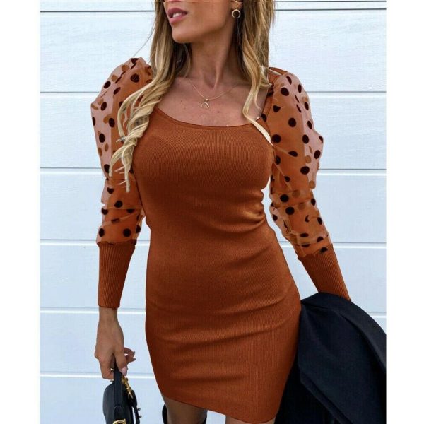 The Best Fashion Women's Ruffle Mesh Polka Dots Long Sleeve Bodycon Dress Autumn Ladies Evening Party Slim Fit Mini Dress Online - Takalr