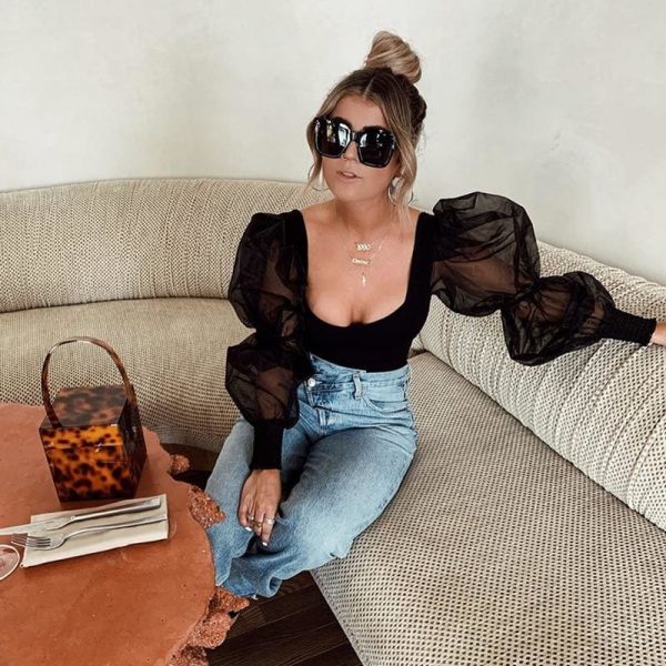 The Best Fashion Women's Slim Bodycon Bodysuit Ladies Casual Puff Long Sleeve Bandage Jumpsuit Romper Leotard Top Online - Takalr