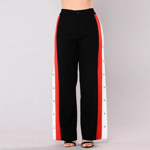 The Best Fashion Womens Split Side Buttons Wide Leg Jogger Casual Long Pants Summer Loose Striped High Waist Trousers Online - Takalr