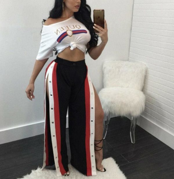 The Best Fashion Womens Split Side Buttons Wide Leg Jogger Casual Long Pants Summer Loose Striped High Waist Trousers Online - Takalr