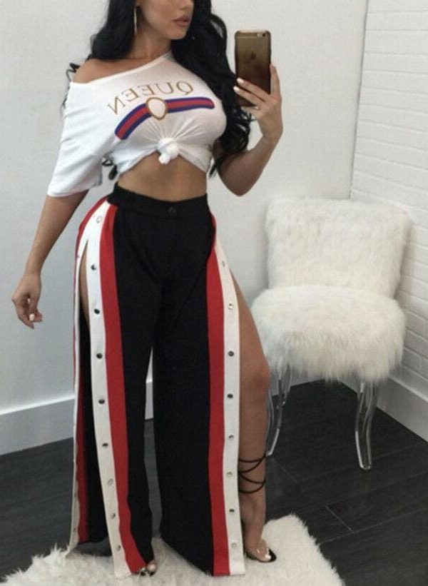 The Best Fashion Womens Split Side Buttons Wide Leg Jogger Casual Long Pants Summer Loose Striped High Waist Trousers Online - Takalr