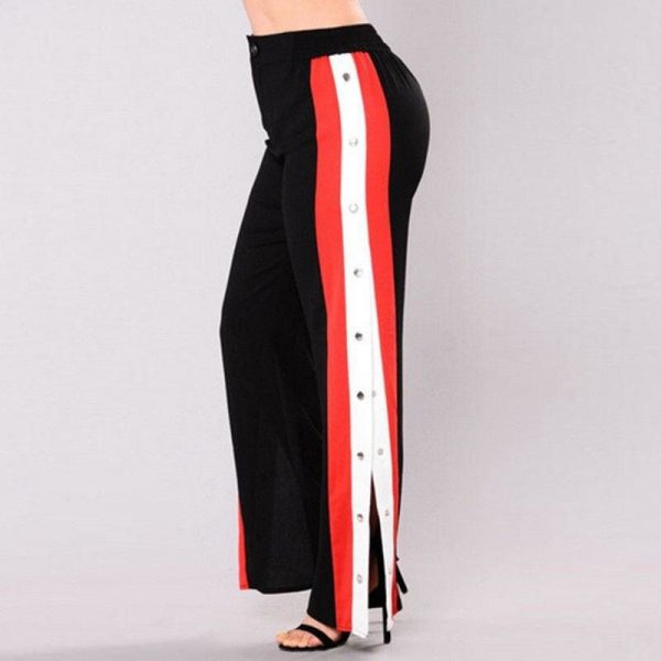 The Best Fashion Womens Split Side Buttons Wide Leg Jogger Casual Long Pants Summer Loose Striped High Waist Trousers Online - Takalr