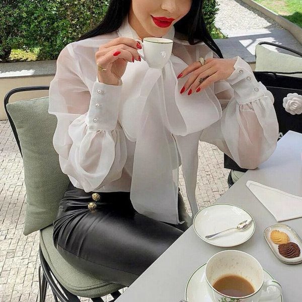 The Best Fashion Women's Summer Chiffon Long Sleeve Bow Shirt Office Lady Loose Casual Blouse Solid Tee Tops Online - Takalr