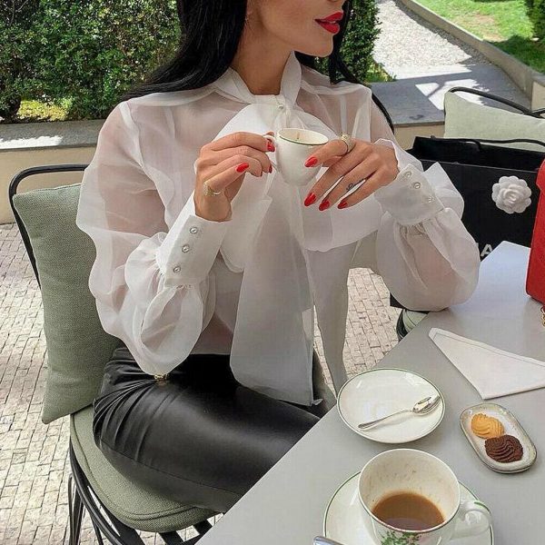 The Best Fashion Women's Summer Chiffon Long Sleeve Bow Shirt Office Lady Loose Casual Blouse Solid Tee Tops Online - Takalr