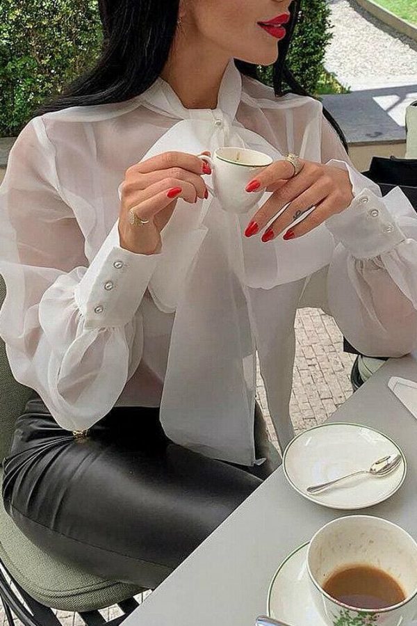 The Best Fashion Women's Summer Chiffon Long Sleeve Bow Shirt Office Lady Loose Casual Blouse Solid Tee Tops Online - Takalr