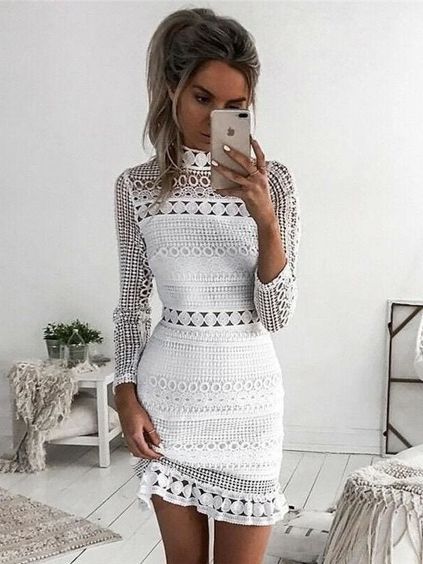 The Best Fashion Women's Summer Lace Slim Mini Dress Ladies Casual Long Sleeve Lace Bodycon Wedding Party Cocktail Short Dress Online - Takalr