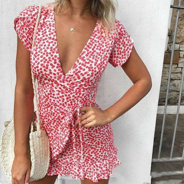 The Best Fashion Women's Summer Wrap Mini Dress Ladies Ruffle Hem V Neck Sleeveless Boho Beach Holiday Sundress Streetwear Online - Takalr