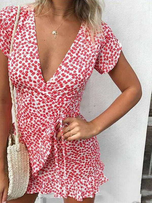 The Best Fashion Women's Summer Wrap Mini Dress Ladies Ruffle Hem V Neck Sleeveless Boho Beach Holiday Sundress Streetwear Online - Takalr