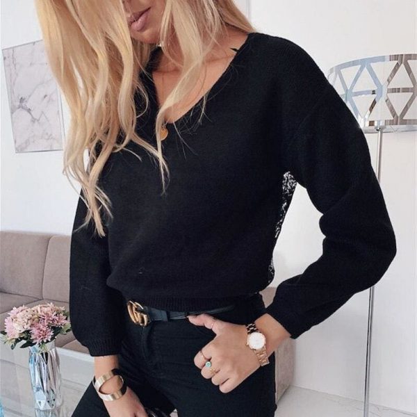 The Best Fashion Womens Tops and Blouses Elegant Long Sleeve V Neck Lace OL Shirt Mesh Backless chemise femme Ladies Party Streetwear Online - Takalr