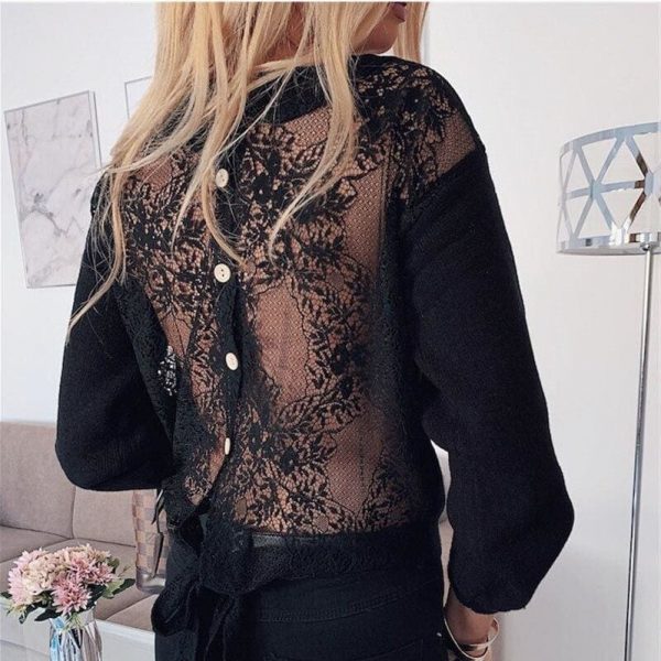 The Best Fashion Womens Tops and Blouses Elegant Long Sleeve V Neck Lace OL Shirt Mesh Backless chemise femme Ladies Party Streetwear Online - Takalr