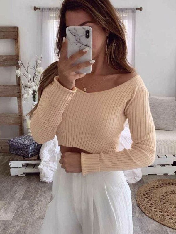 The Best Fashion Women's V Neck Long Sleeve Knitted Pullover Jumper Autumn Winter Ladies Casual Tops Sweater Tee shirt Online - Takalr