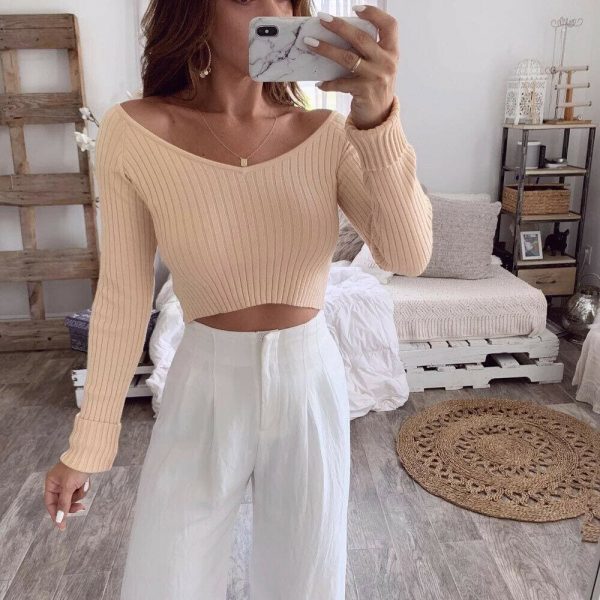 The Best Fashion Women's V Neck Long Sleeve Knitted Pullover Jumper Autumn Winter Ladies Casual Tops Sweater Tee shirt Online - Takalr
