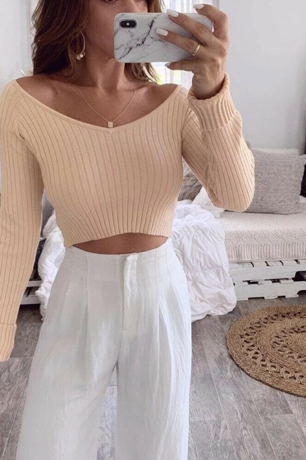 The Best Fashion Women's V Neck Long Sleeve Knitted Pullover Jumper Autumn Winter Ladies Casual Tops Sweater Tee shirt Online - Takalr