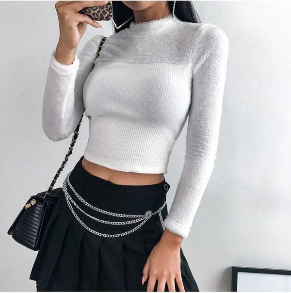 The Best Fashoin Women Winter T shirt Bandage Crop Top Elegant Long Sleeve Tee shirt Femme Warm turtleneck Tops Shirt Streetwear Online - Takalr