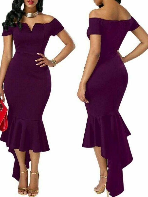 The Best Fishtail Dresses for Women Off Shoulder Midi Bodycon Dress Short Sleeve V Neck Cocktail Party Evening Formal Dress Online - Takalr