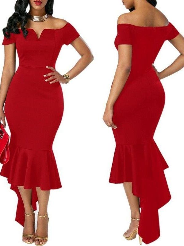 The Best Fishtail Dresses for Women Off Shoulder Midi Bodycon Dress Short Sleeve V Neck Cocktail Party Evening Formal Dress Online - Takalr