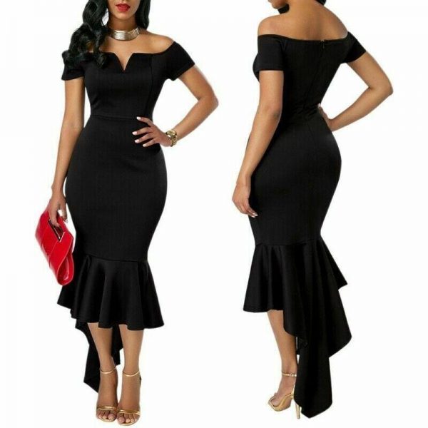 The Best Fishtail Dresses for Women Off Shoulder Midi Bodycon Dress Short Sleeve V Neck Cocktail Party Evening Formal Dress Online - Takalr