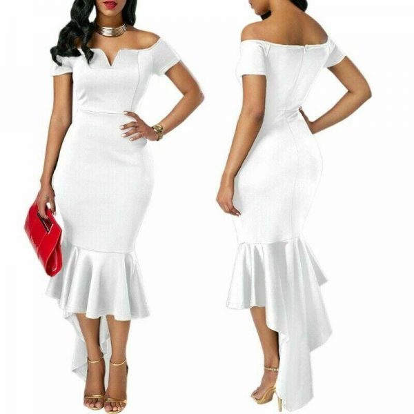 The Best Fishtail Dresses for Women Off Shoulder Midi Bodycon Dress Short Sleeve V Neck Cocktail Party Evening Formal Dress Online - Takalr