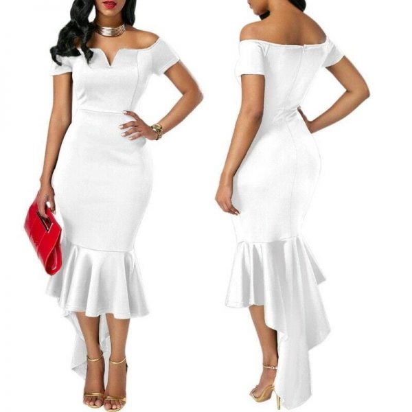 The Best Fishtail Dresses for Women Off Shoulder Midi Bodycon Dress Short Sleeve V Neck Cocktail Party Evening Formal Dress Online - Takalr