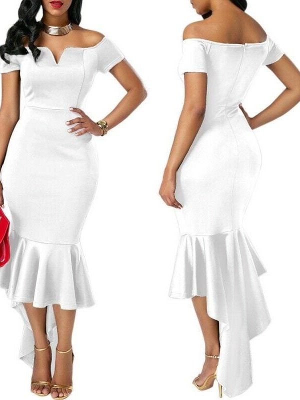 The Best Fishtail Dresses for Women Off Shoulder Midi Bodycon Dress Short Sleeve V Neck Cocktail Party Evening Formal Dress Online - Takalr