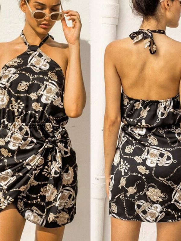 The Best Floral Backless Mini Dress Women Ladies Sleeveless High Waist Evening Party Summer Dress Fashion Slit Print Dress Sundress Online - Takalr