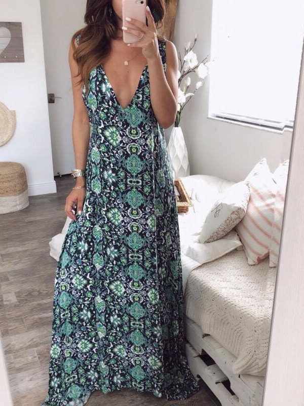 The Best Floral Dress Ladies V neck Summer Beach Holiday Sleeveless Sundress Online - Takalr