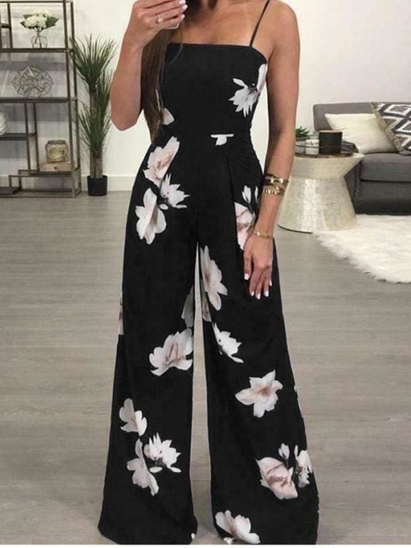 The Best Floral Dungarees Jumpsuit Fashion Trend Sling Print Wide Leg Loose Long Pant Trousers Online - Takalr