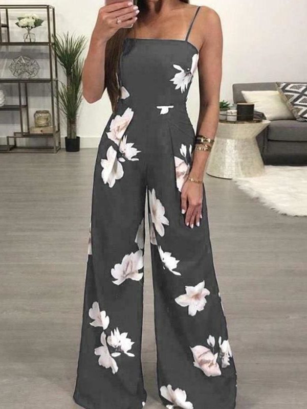 The Best Floral Dungarees Jumpsuit Fashion Trend Sling Print Wide Leg Loose Long Pant Trousers Online - Takalr