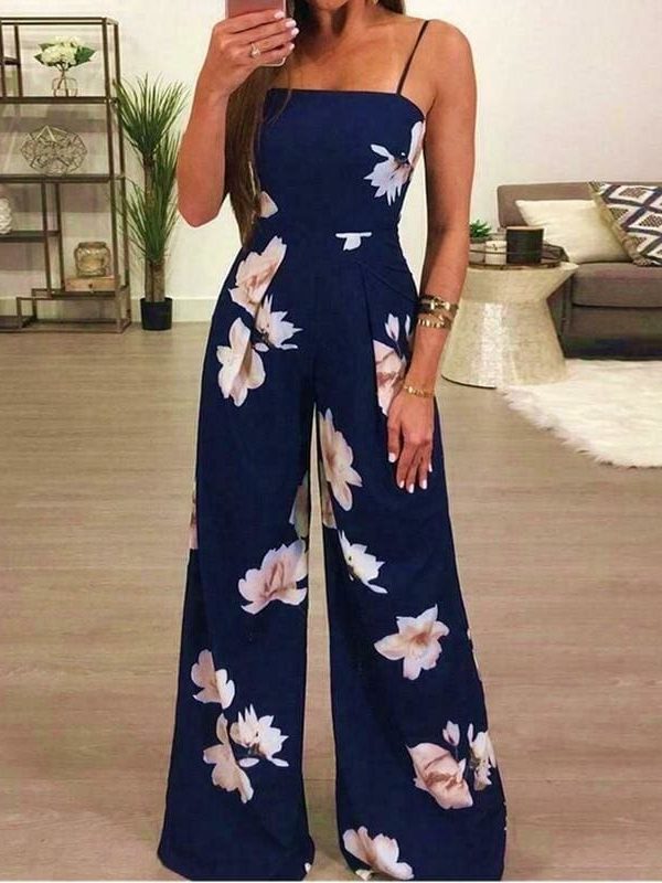 The Best Floral Dungarees Jumpsuit Fashion Trend Sling Print Wide Leg Loose Long Pant Trousers Online - Takalr