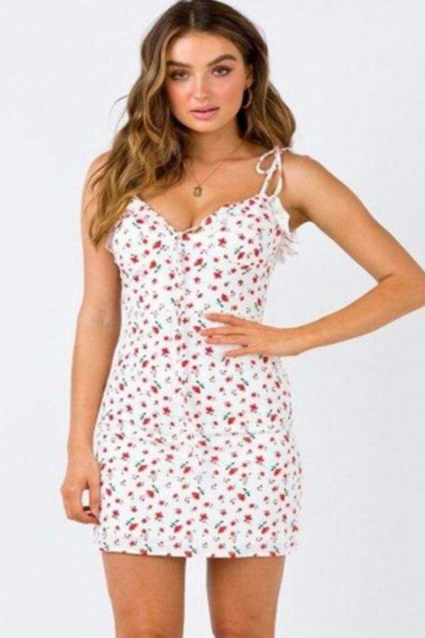 The Best Floral Print Dress Shoulder Straps Slim Fit Mini Sweet Frill Dress Online - Source Silk