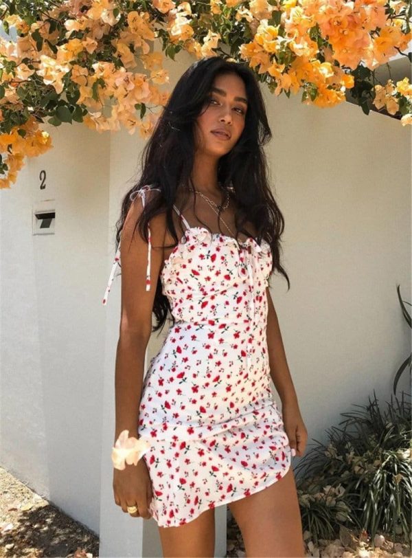 The Best Floral Print Dress Shoulder Straps Slim Fit Mini Sweet Frill Dress Online - Source Silk