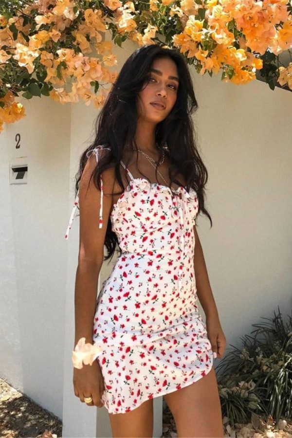 The Best Floral Print Dress Shoulder Straps Slim Fit Mini Sweet Frill Dress Online - Source Silk