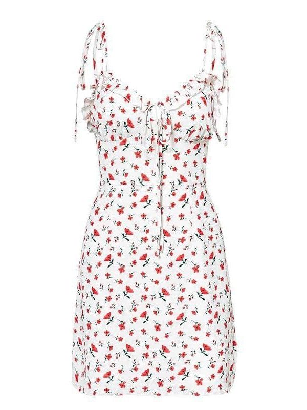 The Best Floral Print Dress Shoulder Straps Slim Fit Mini Sweet Frill Dress Online - Source Silk