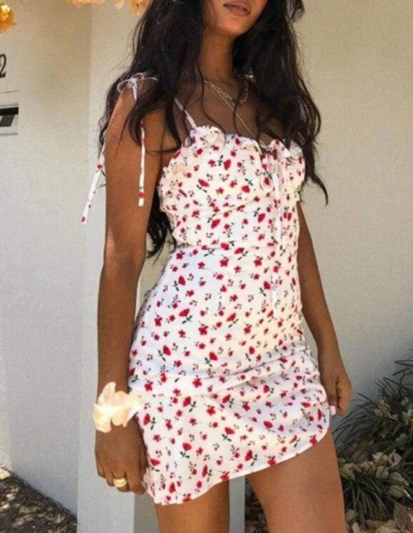 The Best Floral Print Dress Shoulder Straps Slim Fit Mini Sweet Frill Dress Online - Source Silk