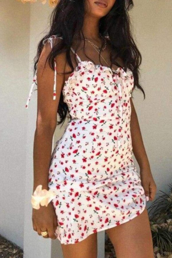 The Best Floral Print Dress Shoulder Straps Slim Fit Mini Sweet Frill Dress Online - Source Silk