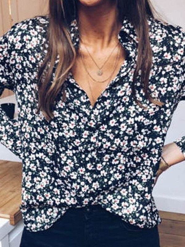 The Best Floral Print OL Ladies Long Sleeve V-Neck Loose Blouse Tops Outdoor Women Clothes Online - Takalr