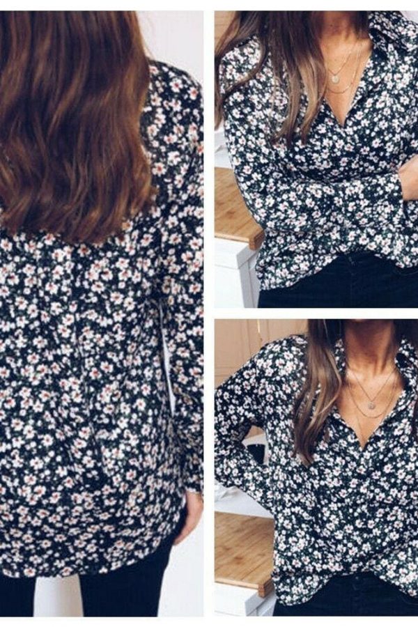 The Best Floral Print OL Ladies Long Sleeve V-Neck Loose Blouse Tops Outdoor Women Clothes Online - Takalr