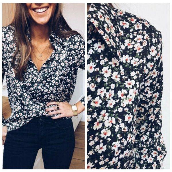 The Best Floral Print OL Ladies Long Sleeve V-Neck Loose Blouse Tops Outdoor Women Clothes Online - Takalr