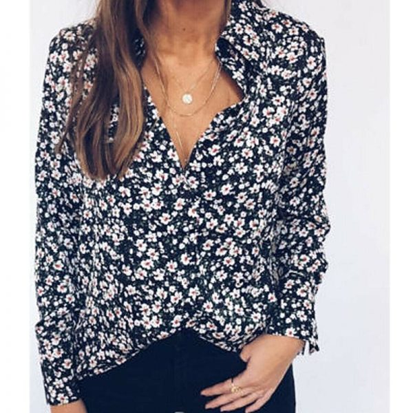 The Best Floral Print OL Ladies Long Sleeve V-Neck Loose Blouse Tops Outdoor Women Clothes Online - Takalr