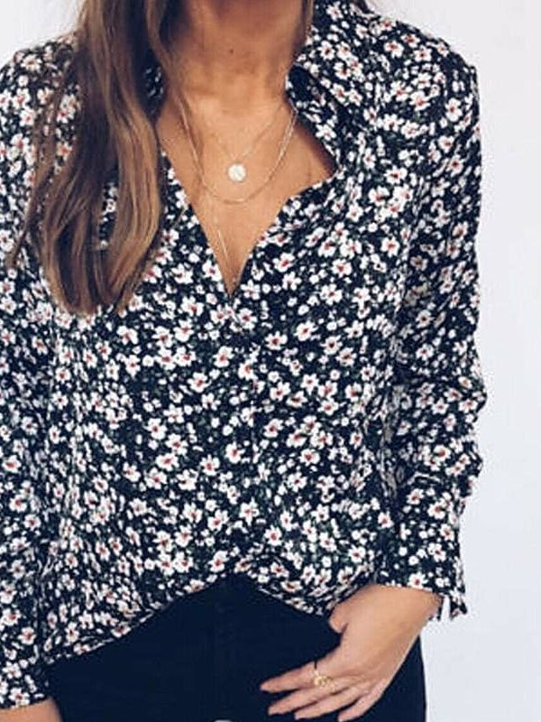 The Best Floral Print OL Ladies Long Sleeve V-Neck Loose Blouse Tops Outdoor Women Clothes Online - Takalr