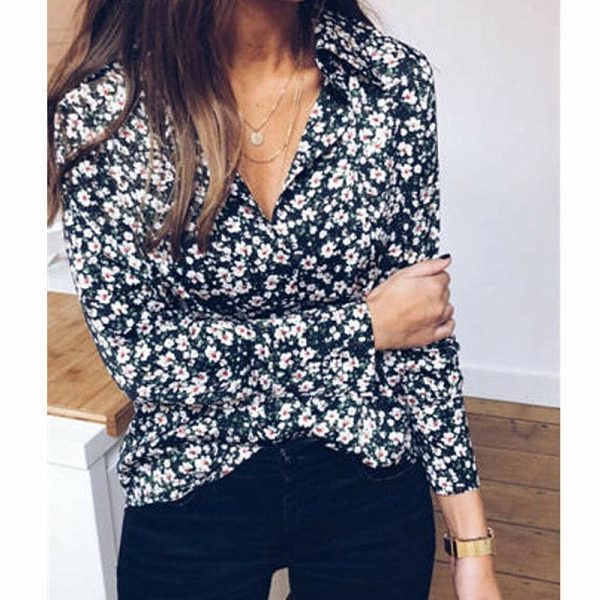 The Best Floral Print OL Ladies Long Sleeve V-Neck Loose Blouse Tops Outdoor Women Clothes Online - Takalr