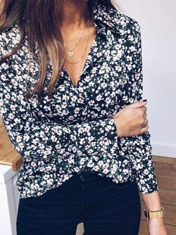 The Best Floral Print OL Ladies Long Sleeve V-Neck Loose Blouse Tops Outdoor Women Clothes Online - Takalr