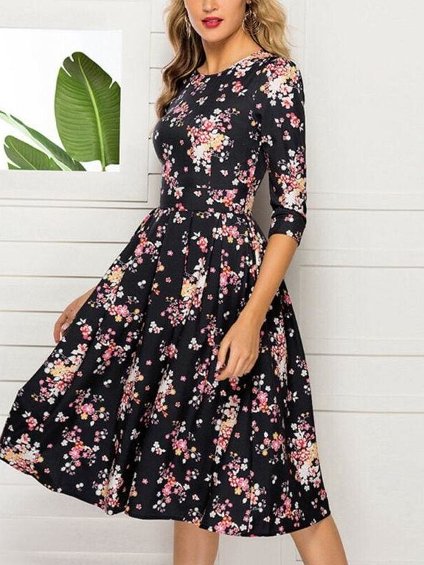 The Best Floral Print Sundress Lady Half Sleeve Fit and Flare Party Dress Sundress Plus Size Online - Takalr