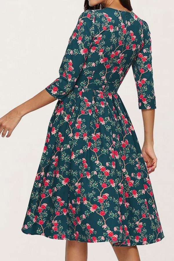 The Best Floral Print Sundress Lady Half Sleeve Fit and Flare Party Dress Sundress Plus Size Online - Takalr