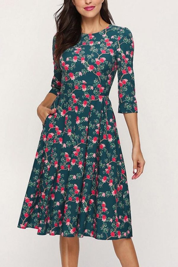 The Best Floral Print Sundress Lady Half Sleeve Fit and Flare Party Dress Sundress Plus Size Online - Takalr