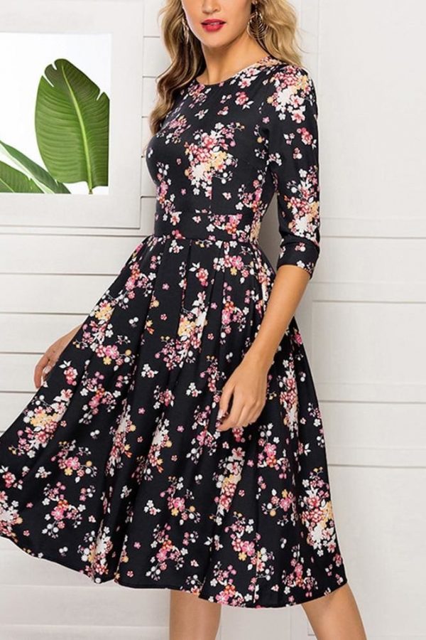 The Best Floral Print Sundress Lady Half Sleeve Fit and Flare Party Dress Sundress Plus Size Online - Takalr