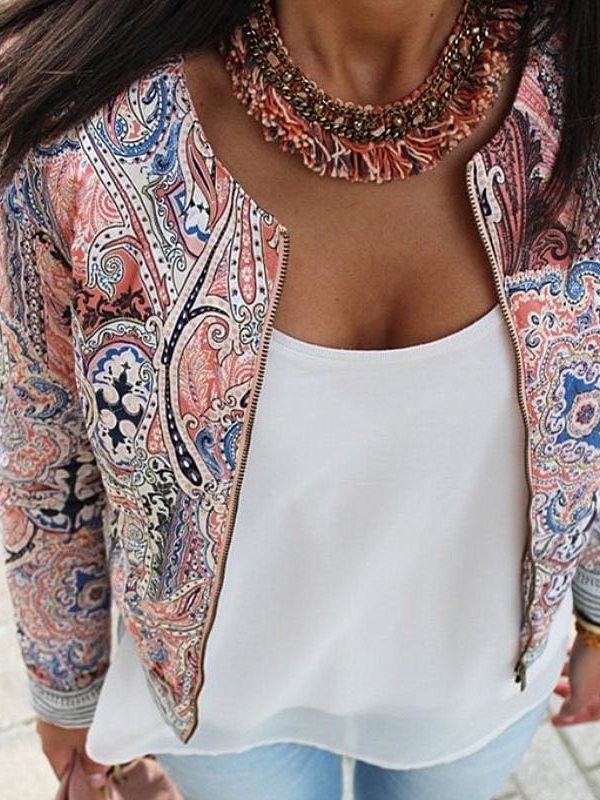 The Best Flower Print Women Basic Coats Long Sleeve Zipper Bomber Jacket Casual Jacket Coat Autumn Winter Streetwear Online - Takalr