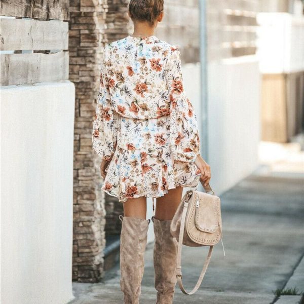 The Best Frill Ruffle Boho Dress Floral Print Mini Dresses V-Neck Long Sleeve Beach dress 2019 Women's Clothing Female Vestidos Online - Takalr