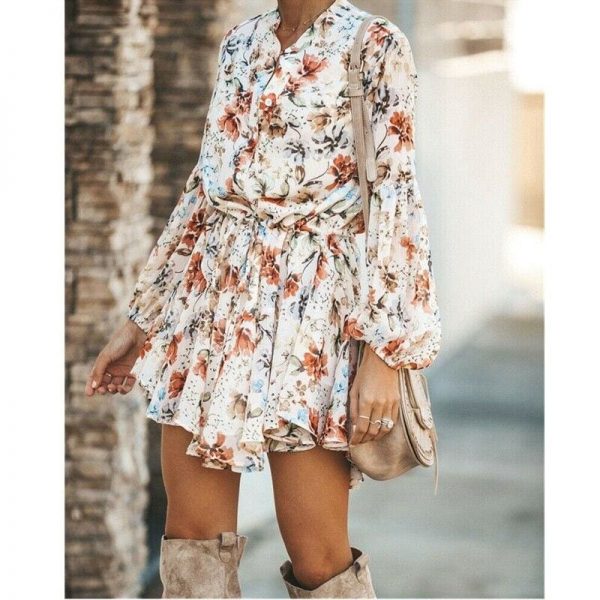 The Best Frill Ruffle Boho Dress Floral Print Mini Dresses V-Neck Long Sleeve Beach dress 2019 Women's Clothing Female Vestidos Online - Takalr