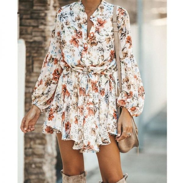 The Best Frill Ruffle Boho Dress Floral Print Mini Dresses V-Neck Long Sleeve Beach dress 2019 Women's Clothing Female Vestidos Online - Takalr